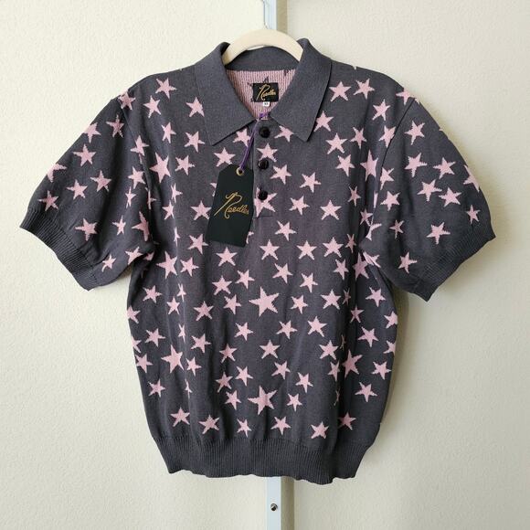 NWT NEEDLES Men's Grey Pink Stars Japan Relax Fit Knit Button Polo Sweater Sz XS - Picture 2 of 16